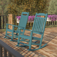 Flash Furniture 2-JJ-C14703-TL-GG Set of 2 Winston All-Weather Rocking Chair in Teal Faux Wood