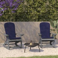 Flash Furniture 2-JJ-C14705-CSNBL-GY-GG Savannah Set of 2 All-Weather Poly Resin Wood Adirondack Rocking Chairs in Gray with Blue Cushions for Deck, Porch, and Patio
