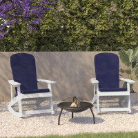 Flash Furniture 2-JJ-C14705-CSNBL-WH-GG Savannah Set of 2 All-Weather Poly Resin Wood Adirondack Rocking Chairs in White with Blue Cushions for Deck, Porch, and Patio