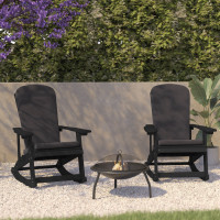 Flash Furniture 2-JJ-C14705-CSNGY-BK-GG Savannah Set of 2 All-Weather Poly Resin Wood Adirondack Rocking Chairs in Black with Gray Cushions for Deck, Porch, and Patio