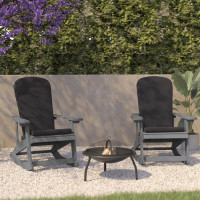 Flash Furniture 2-JJ-C14705-CSNGY-GY-GG Savannah Set of 2 All-Weather Poly Resin Wood Adirondack Rocking Chairs in Gray with Gray Cushions for Deck, Porch, and Patio