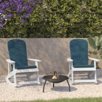 Flash Furniture 2-JJ-C14705-CSNTL-WH-GG Savannah Set of 2 All-Weather Poly Resin Wood Adirondack Rocking Chairs in White with Teal Cushions for Deck, Porch, and Patio