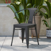 Flash Furniture 2-SB-T11C-BK-GG Helvey Commercial Indoor/Outdoor Black Stacking Arm Chair with Vertical Slat Back and Poly Resin Slatted Seat, Set of 2