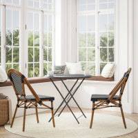 Flash Furniture 2-SDA-AD642001-BKWH-NAT-GG Bordeaux Set of 2 Indoor/Outdoor Commercial French Bistro Stacking Chairs, Black/White PE Rattan Back and Seat, Bamboo Print Aluminum Frame in Natural