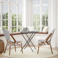 Flash Furniture 2-SDA-AD642001-F-WHNVY-NAT-GG Lourdes Set of 2 Indoor/Outdoor Commercial French Bistro Stacking Chair, White/Navy PE Rattan Back and Seat, Bamboo Print Aluminum Frame in Natural