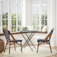 Flash Furniture 2-SDA-AD642001-NVYWH-NAT-GG Bordeaux Set of 2 Indoor/Outdoor Commercial French Bistro Stacking Chairs, Navy/White PE Rattan Back and Seat, Bamboo Print Aluminum Frame in Natural