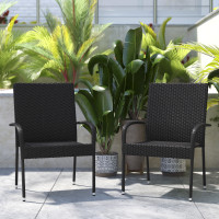 Flash Furniture 2-TW-3WBE073-BK-GG Maxim Set of 2 Stackable Indoor/Outdoor Wicker Dining Chairs with Arms - Fade & Weather-Resistant Steel Frames - Black