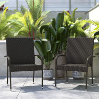 Flash Furniture 2-TW-3WBE073-ESP-GG Maxim Set of 2 Stackable Indoor/Outdoor Wicker Dining Chairs with Arms - Fade & Weather-Resistant Steel Frames - Espresso
