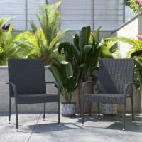 Flash Furniture 2-TW-3WBE073-GY-GG Maxim Set of 2 Stackable Indoor/Outdoor Wicker Dining Chairs with Arms - Fade & Weather-Resistant Steel Frames - Gray