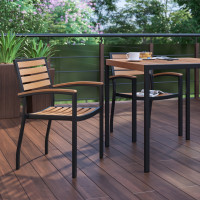 Flash Furniture 2-XU-DG-HW6006-GG Lark Outdoor Stackable Faux Teak Side Chair - Commercial Grade Black Aluminum Patio Chair with Synthetic Teak Slats - Set of 2