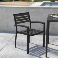 Flash Furniture 2-XU-DG-HW6006-GY-GG Lark Set of 2 Outdoor Stackable Faux Teak Side Chairs - Commercial Grade Black Aluminum Patio Chairs with Synthetic Gray Wash Faux Teak Slats