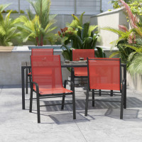 Flash Furniture 4-JJ-303C-RD-GG 4 Pack Brazos Series Black Outdoor Stack Chair with Flex Comfort Material and Metal Frame