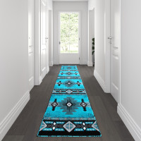 Flash Furniture ACD-RGC318-211-TQ-GG Mohave Collection 2' x 11' Turquoise Traditional Southwestern Style Area Rug - Olefin Fibers with Jute Backing