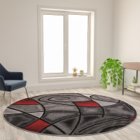 Flash Furniture ACD-RGTRZ860-77-RD-GG Jubilee Collection 7' x 7' Round Red Abstract Area Rug - Olefin Rug with Jute Backing - Living Room, Bedroom, Family Room
