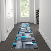 Flash Furniture ACD-RGTRZ861-27-TQ-GG Elio Collection 2' x 7' Turquoise Color Blocked Area Rug - Olefin Rug with Jute Backing - Entryway, Living Room, or Bedroom