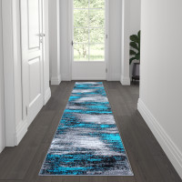 Flash Furniture ACD-RGTRZ863-27-TQ-GG Rylan Collection 2' x 7' Turquoise Abstract Area Rug-Olefin Rug with Jute Backing for Hallway, Entryway, Bedroom, Living Room