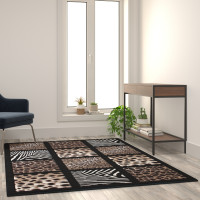 Flash Furniture ACD-RGYHPU-57-BK-GG Menagerie Collection 5' x 7' Modern Animal Print Olefin Area Rug with Cheetah, Leopard, Zebra and Giraffe Design Raised Squares