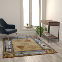 Flash Furniture ACD-RGZ876345-57-BG-GG Sovalye Collection Beige Nautical Themed 5' x 7' Area Rug with Jute Backing for Living Room, Bedroom, Entryway