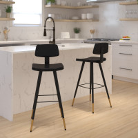 Flash Furniture AY-S02-BK-GG Kora Commercial Grade Low Back Barstools-Black LeatherSoft Upholstery-Black Iron Frame-Integrated Footrest-Gold Tipped Legs-Set of 2