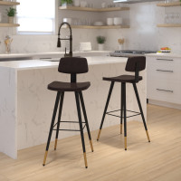 Flash Furniture AY-S02-BR-GG Kora Commercial Grade Low Back Barstools-Brown LeatherSoft Upholstery-Black Iron Frame-Integrated Footrest-Gold Tipped Legs-Set of 2