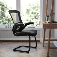 Flash Furniture BL-X-5C-BK-LEA-GG Black Mesh Sled Base Side Reception Chair with White Stitched LeatherSoft Seat and Flip-Up Arms