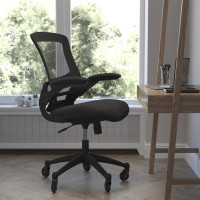 Flash Furniture BL-X-5M-BK-RLB-GG Kelista Mid-Back Black Mesh Swivel Ergonomic Task Office Chair with Flip-Up Arms and Transparent Roller Wheels, BIFMA Certified