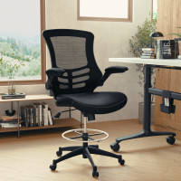 Flash Furniture BL-X-5M-D-BK-LEA-GG Mid-Back Black Mesh Ergonomic Drafting Chair with LeatherSoft Seat, Adjustable Foot Ring and Flip-Up Arms