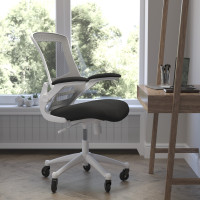 Flash Furniture BL-X-5M-WH-BK-RLB-GG Kelista Mid-Back Black Mesh Swivel Ergonomic Task Office Chair with White Frame, Flip-Up Arms, and Transparent Roller Wheels