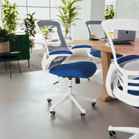 Flash Furniture BL-X-5M-WH-BLUE-GG Mid-Back Blue Mesh Swivel Ergonomic Task Office Chair with White Frame and Flip-Up Arms