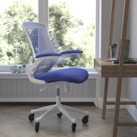 Flash Furniture BL-X-5M-WH-BLUE-RLB-GG Kelista Mid-Back Blue Mesh Swivel Ergonomic Task Office Chair with White Frame, Flip-Up Arms, and Transparent Roller Wheels