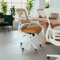 Flash Furniture BL-X-5M-WH-TAN-GG Mid-Back Tan Mesh Swivel Ergonomic Task Office Chair with White Frame and Flip-Up Arms