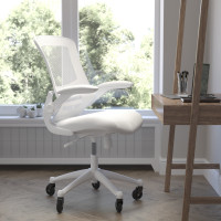 Flash Furniture BL-X-5M-WH-WH-RLB-GG Kelista Mid-Back White Mesh Swivel Ergonomic Task Office Chair with White Frame, Flip-Up Arms, and Transparent Roller Wheels