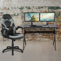 Flash Furniture BLN-X10D1904-GY-GG Black Gaming Desk and Gray/Black Racing Chair Set with Cup Holder, Headphone Hook & 2 Wire Management Holes
