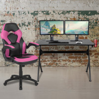 Flash Furniture BLN-X10D1904-PK-GG Black Gaming Desk and Pink/Black Racing Chair Set with Cup Holder, Headphone Hook & 2 Wire Management Holes