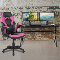 Flash Furniture BLN-X10D1904L-PK-GG Gaming Desk and Pink/Black Racing Chair Set /Cup Holder/Headphone Hook/Removable Mouse Pad Top - 2 Wire Management Holes