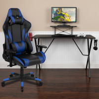 Flash Furniture BLN-X20RSG1031-BL-GG Black Gaming Desk and Blue Reclining Gaming Chair Set with Cup Holder, Headphone Hook, and Monitor/Smartphone Stand