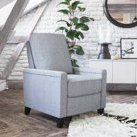 Flash Furniture BO-BS7003-LGY-GG Carson Transitional Style Push Back Recliner Chair - Pillow Back Recliner - Light Gray Fabric Upholstery - Accent Nail Trim