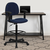 Flash Furniture Navy Blue Patterned Fabric Ergonomic Drafting Stool with Arms BT-659-NVY-ARMS-GG