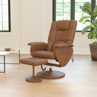Flash Furniture BT-753P-MASSAGE-CGN-GG Cason Massaging Adjustable Recliner with Deep Side Pockets and Ottoman with Wrapped Base in Brown LeatherSoft