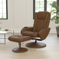 Flash Furniture BT-7672-MASSAGE-CGN-GG Poppy Massaging Multi-Position Plush Recliner with Side Pocket and Ottoman in Brown LeatherSoft