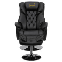 Flash Furniture BT-7807-TRAD-TXTEMB-GG Personalized Transitional Multi-Position Recliner and Ottoman with Chrome Base in Black LeatherSoft
