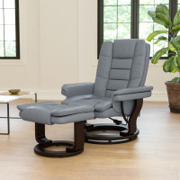 Flash Furniture BT-7818-GY-GG Bali Contemporary Multi-Position Recliner with Horizontal Stitching and Ottoman with Swivel Mahogany Wood Base in Gray LeatherSoft