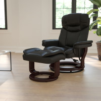 Flash Furniture Contemporary Black Leather Recliner and Ottoman with Swiveling Mahogany Wood Base BT-7821-BK-GG