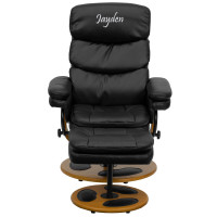 Flash Furniture BT-7828-PILLOW-TXTEMB-GG Personalized Contemporary Multi-Position Recliner and Ottoman with Wood Base in Black LeatherSoft