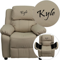 Flash Furniture BT-7985-KID-BGE-TXTEMB-GG Personalized Deluxe Padded Beige Vinyl Kids Recliner with Storage Arms