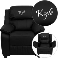 Flash Furniture BT-7985-KID-BK-LEA-TXTEMB-GG Personalized Deluxe Padded Black LeatherSoft Kids Recliner with Storage Arms