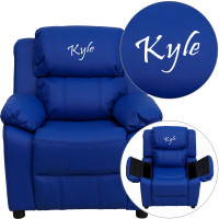 Flash Furniture BT-7985-KID-BLUE-TXTEMB-GG Personalized Deluxe Padded Blue Vinyl Kids Recliner with Storage Arms