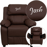 Flash Furniture BT-7985-KID-BRN-LEA-TXTEMB-GG Personalized Deluxe Padded Brown LeatherSoft Kids Recliner with Storage Arms