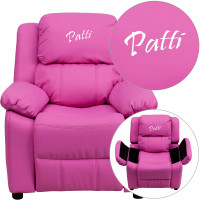 Flash Furniture BT-7985-KID-HOT-PINK-TXTEMB-GG Personalized Deluxe Padded Hot Pink Vinyl Kids Recliner with Storage Arms