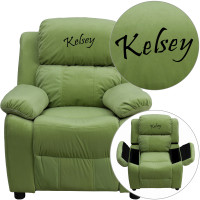 Flash Furniture BT-7985-KID-MIC-AVO-TXTEMB-GG Personalized Deluxe Padded Avocado Microfiber Kids Recliner with Storage Arms